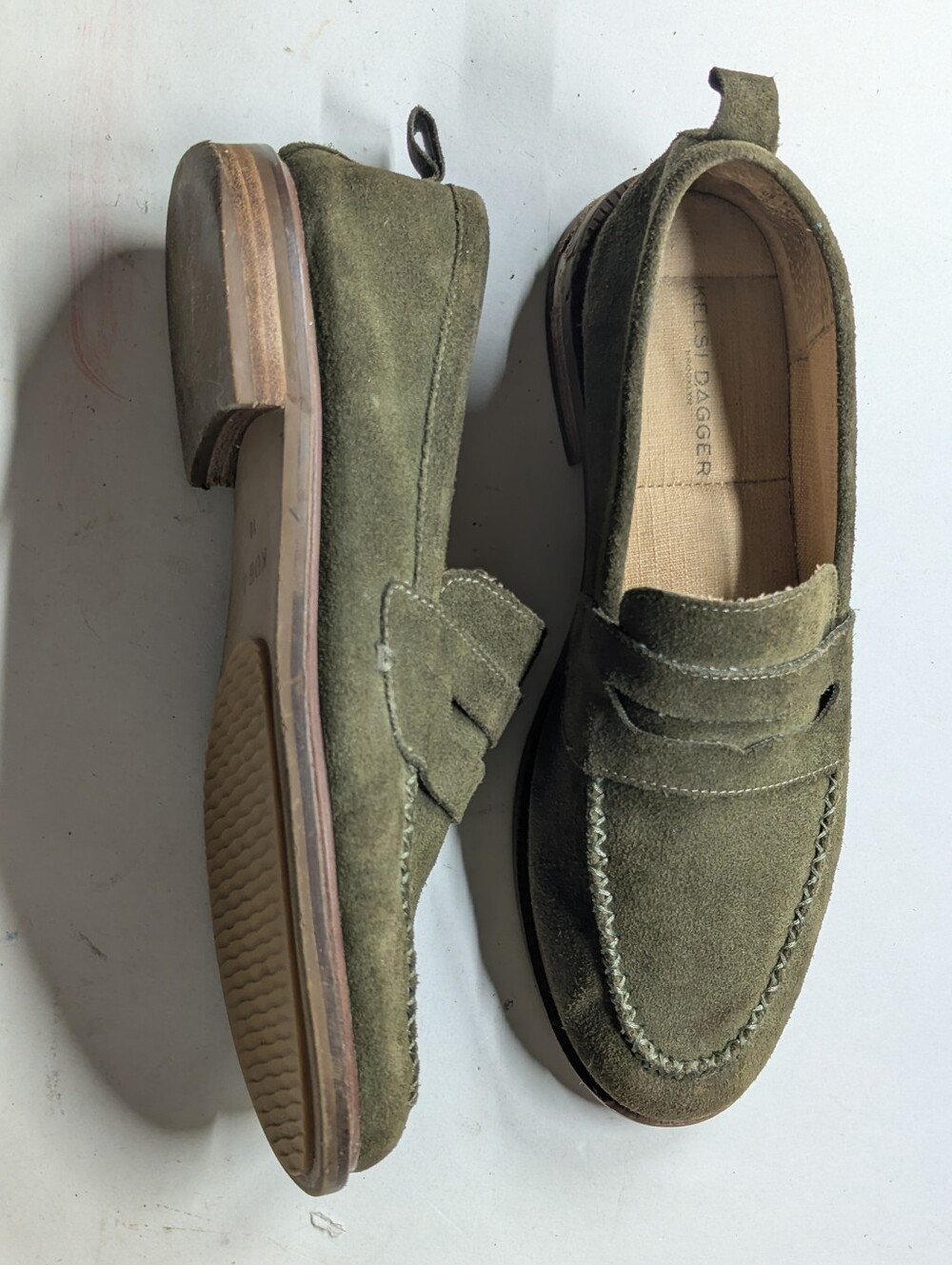 Kelsi Dagger Brooklyn Lens Olive Green Suede Loafers Sz 10